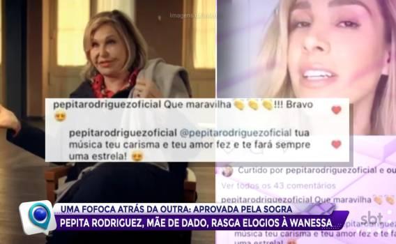 Foto com uma foto de pepita rodrigues e uma foto de wanessa ao fundo, em primeiro plano aparece o comentário da atriz 'Que Maravilha!!! Bravo! Tua música, teu carisma e teu amor fez e te fará sempre uma estrela'