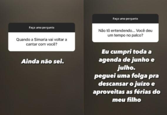 Prints dos stories de Simone respondendo a perguntas de fãs