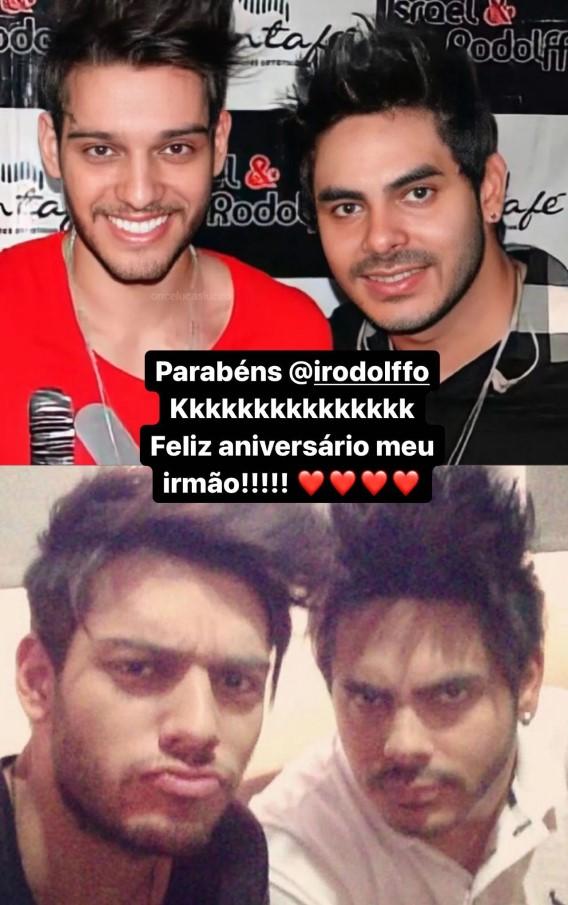 Print dos stories de Lucas Lucco com duas fotos ao lado de Rodolffo e um texto desejando parabéns