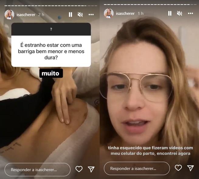 Print do storie de Isabella Scherer, enquanto ela mostra e apalpa a barriga.