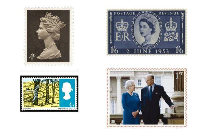 Alguns dos selos emitidos pelo Royal Mail com o rosto da monarca 