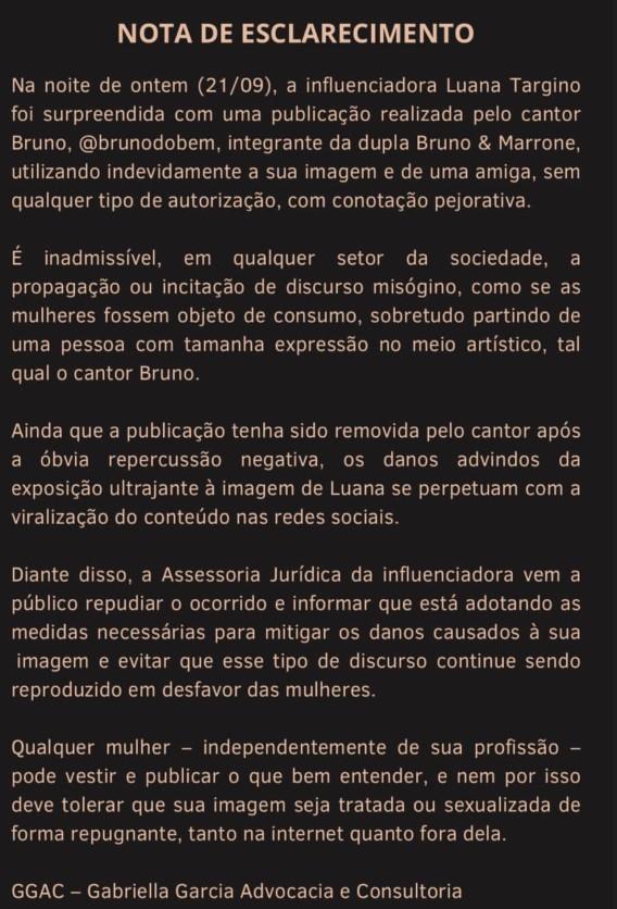 Print do story de Luana Targino em que ela publicou nota de esclarecimento sobre post feita por Bruno, da dupla com Marrone