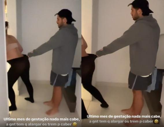 Print de vídeo em que Zé Felipe ajuda Virginia a colocar uma calça preta