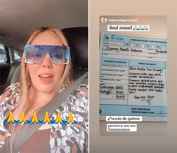 Montagem com duas fotos: uma de Simony no carro falando nos stories, outra de um post feito por seu noivo