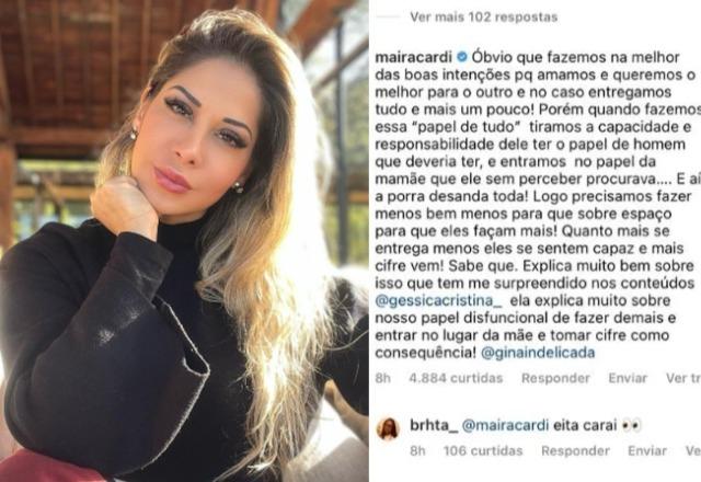 Foto de Maíra Cardi à esquerda; comentário feito por ela à direita