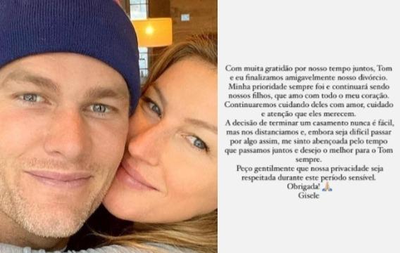 Tom Brady e Gisele Bündchen posam abraçados à esquerda; Stories de Gisele anunciando o divórcio à direita