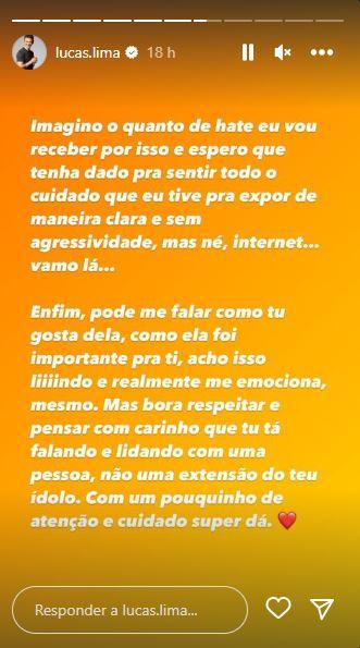 Lucas Lima escreve desabafo nos stories do Instagram.