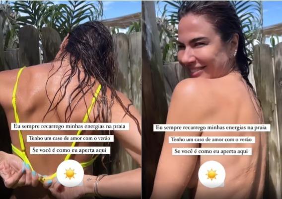 Print dos stories de Luciana Gimenez tomando ducha na praia