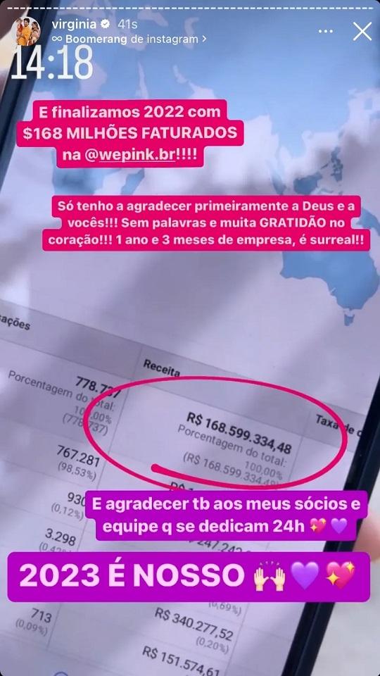 Story de Virginia Fonseca mostrando faturamento de empresa