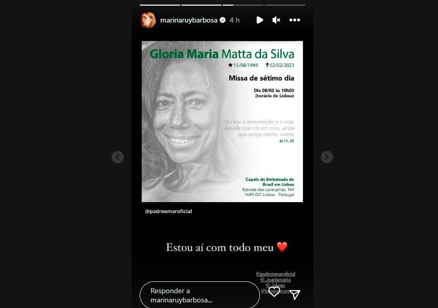 Postagem compartilhada nos Stories de Marina Ruy Barbosa sobre a missa de Glória Maria