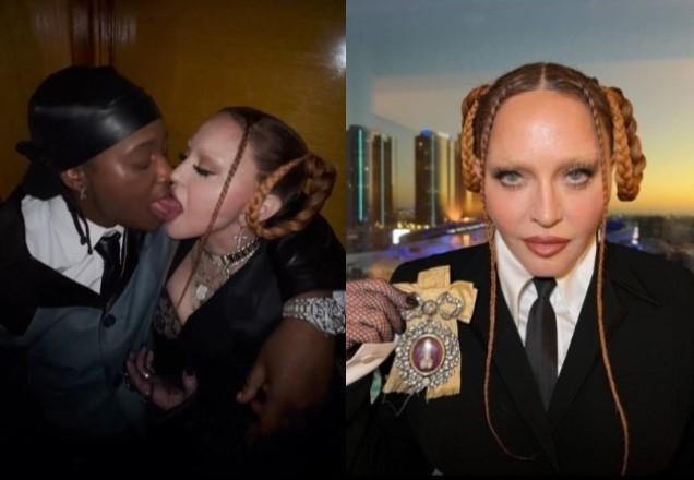 Madonna beija rapper Jozzy à esquerda; Madonna posa segurando um laço e com cara séria