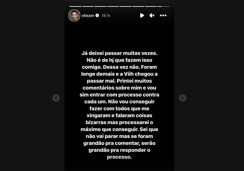 Print dos Stories de Eliezer falando sobre processar  seguidores