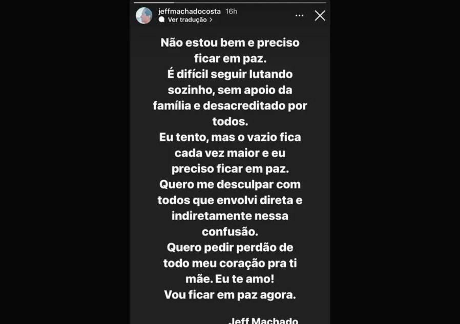 Mensagem no Instagram do ator Jeff Machado em tom enigmático