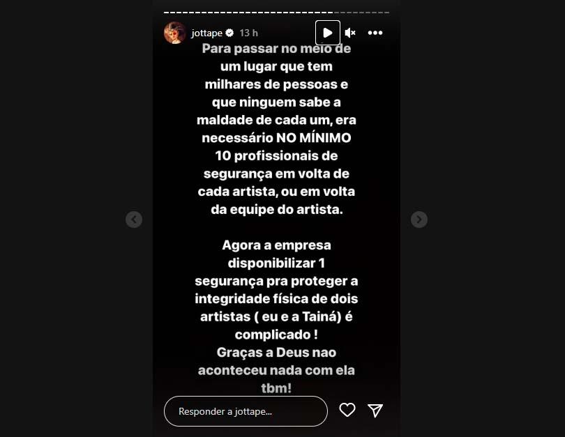 Desabafo de Jottapê nos Stories do Instagram