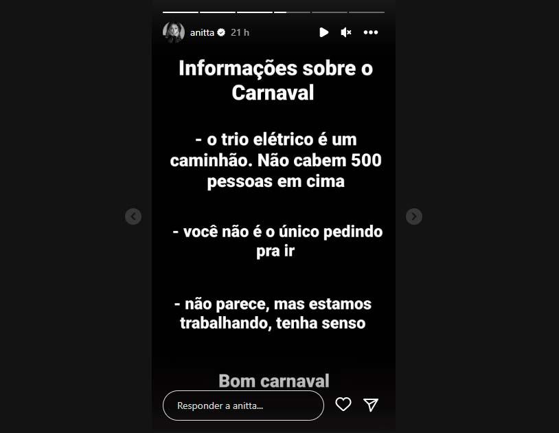 Anitta manda recado em seus Stories