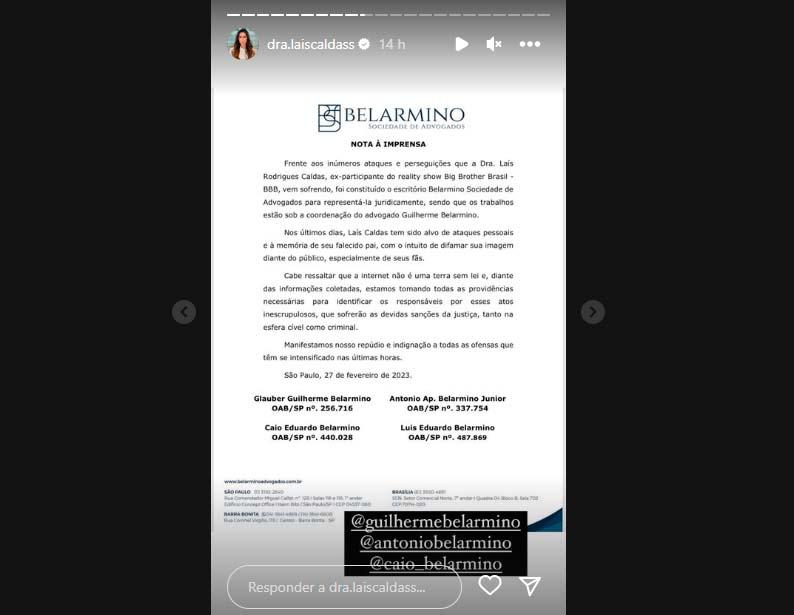 Laís Caldas divulga uma nota à imprensa em seus Stories