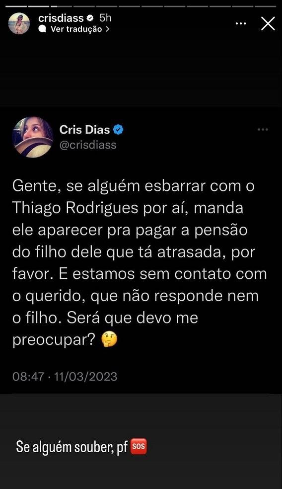 print da publicação que contém o desabafo de cris dias sobre pensão atrasada