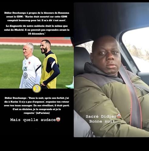 À esquerda, print de entrevista de Deschamps falando que Benzema não tinha condições físicas; à direita, print de vídeo em que um homem francês fala diversas vezes 
