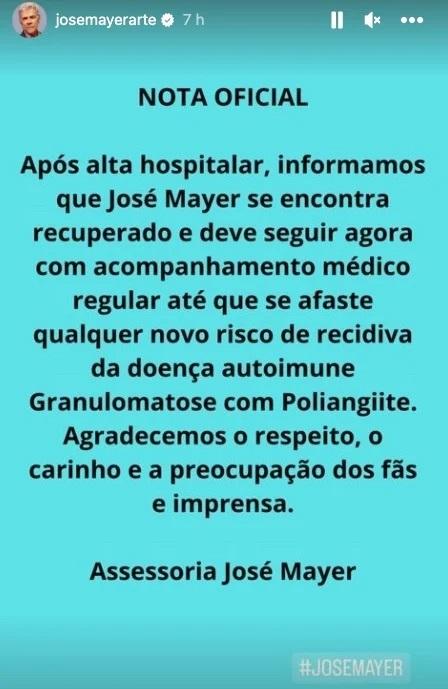 Print do storie da assessoria de José Mayer comunicando sobre a saúde do ator