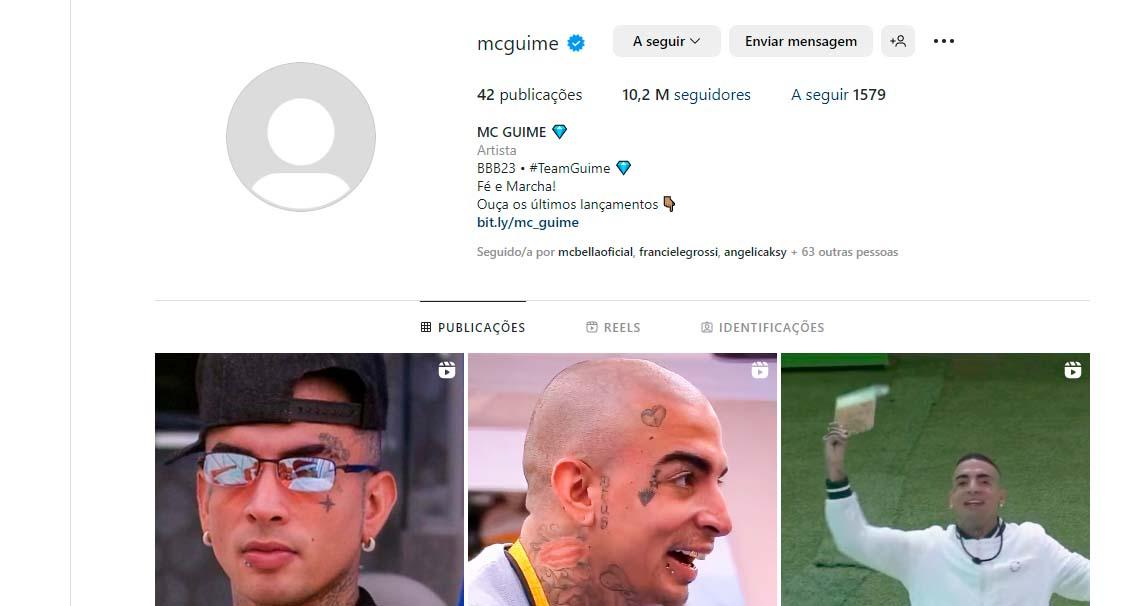 Feed do Instagram do MC Guimê com poucas fotos 