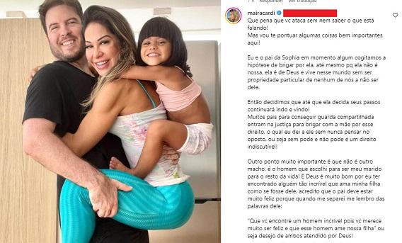 Thiago Nigro, Maíra Cardi e Sophia e Maíra rebatendo comentário