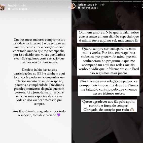 Fred Bruno se pronuncia sobre o fim do namoro com Larissa