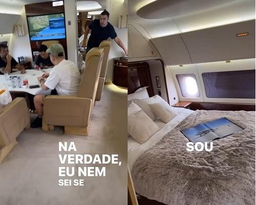 Mesa de carteado à esquerda; à direita, cama de casal, ambos do avião do Neymar