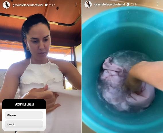 Graciele Lacerda grava vídeo lavando roupas nos stories do Instagram