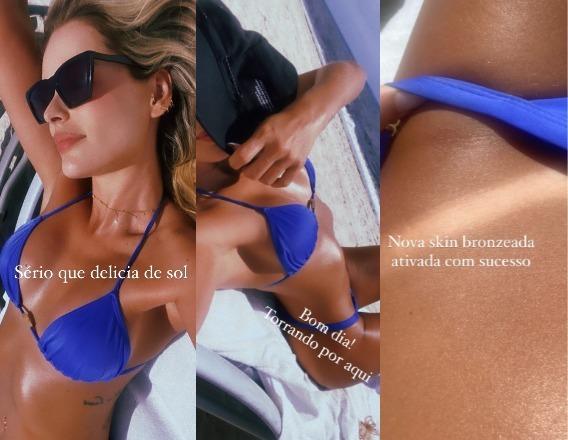 Stories de Yasmin Brunet na praia tomando sol