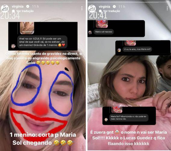 Prints dos stories de Virginia Fonseca falando sobre o possível nome de sua filha