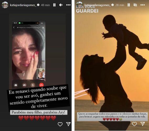 Stories Kátia Gomes falando sobre a notícia de que será avó