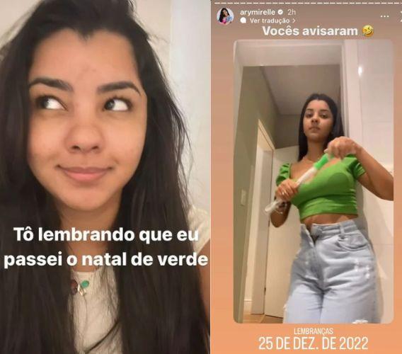 Prints dos Stories de Ary Mirelle usando roupa verde no Natal do ano passado