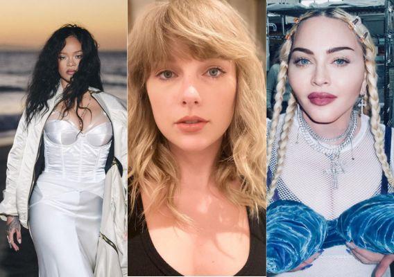 Rihanna à esquerda; Taylor Swift ao centro; Madonna à direita