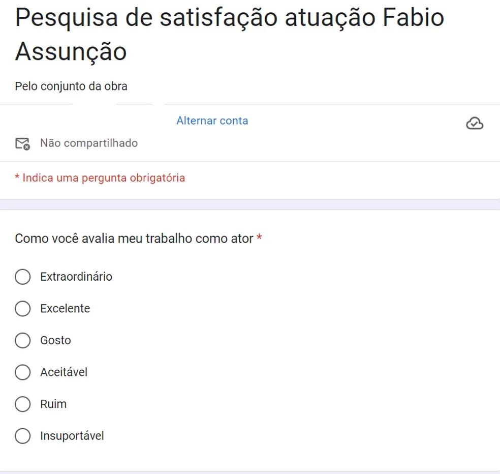 Pesquisa feita pelo ator Fabio Assunção.