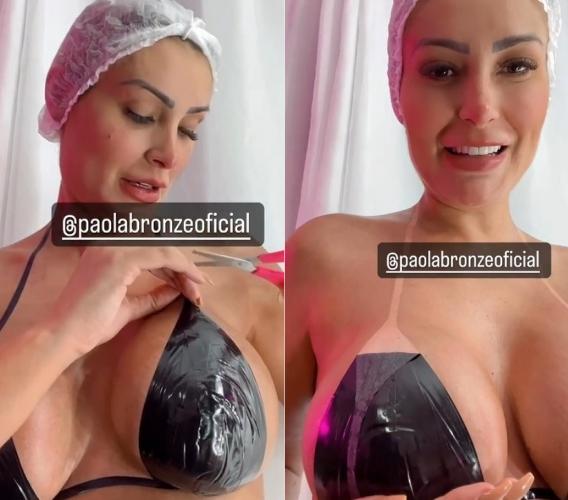 Prints dos Stories de Andressa Urach mostrando a marquinha de biquíni de fita