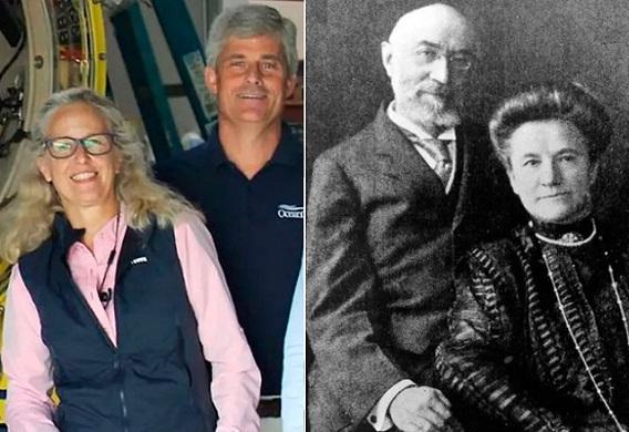 Montagem de foto de Wendy com Stockton com foto de Isidor e Ida Straus