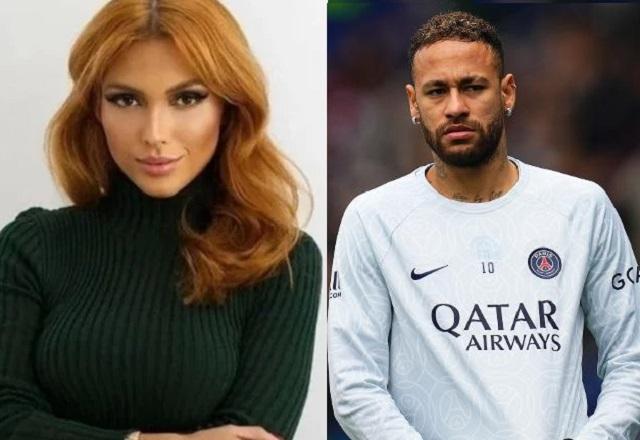 Fernanda Campos e Neymar JR. olham para foto e sorriem