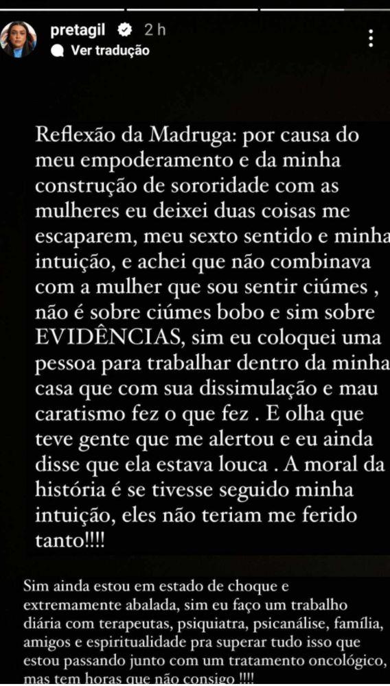 Print de tela stories desabafo Preta Gil