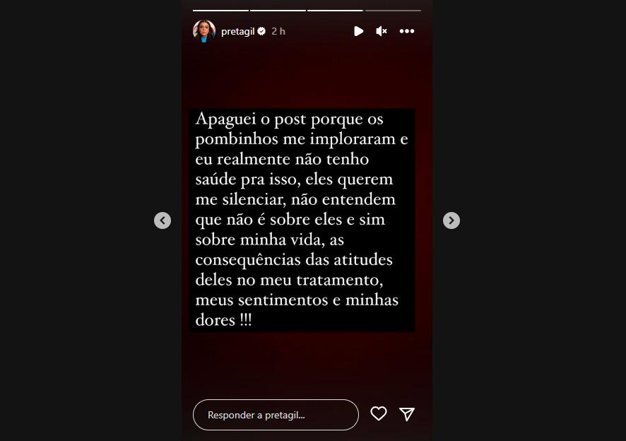 Desabafo de Preta Gil em seus Stories do Instagram