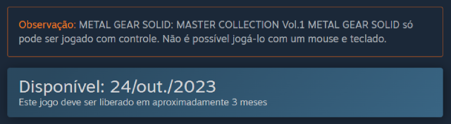 Print da observação que revela a falta de suporte de METAL GEAR SOLID: MASTER COLLECTION Vol.1 ao uso de mouse e teclado