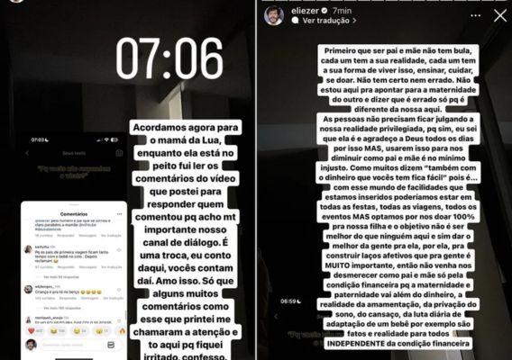 Prints dos stories de Eliezer rebatendo críticas sobre paternidade