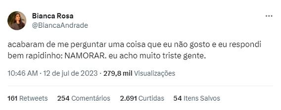 Bianca Andrade admite que não gosta de namorar