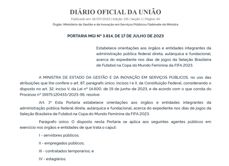 Governo decretará ponto facultativo em jogos da Seleção Feminina