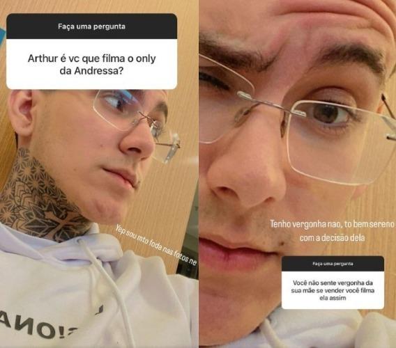 Prints dos Stories do Instagram de Arthur Urach falando sobre o OnlyFans da mãe