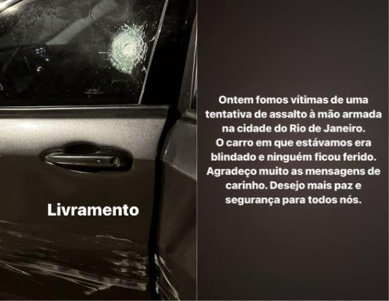 Prints dos Stories do Instagram de Pedro Sampaio mostrando foto de carro baleado e explicando o que aconteceu