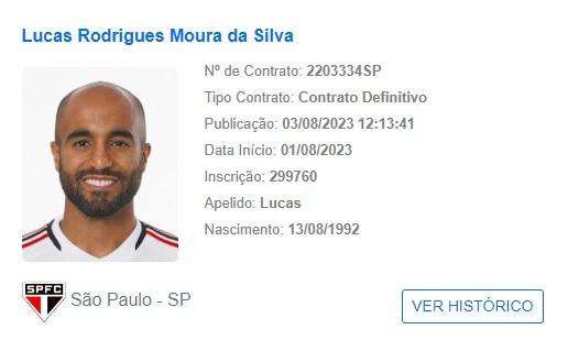 Registro de Lucas Moura no BID da CBF