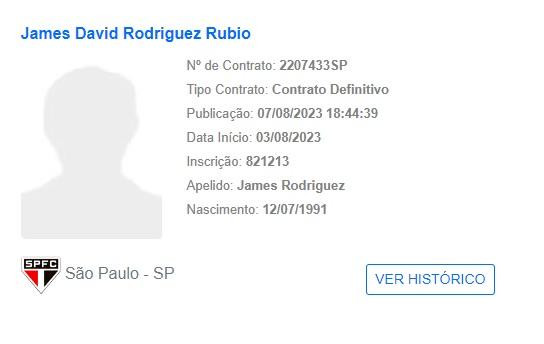 Registro de James Rodríguez no BID da CBF 