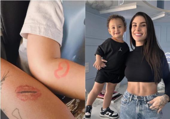 Tatuagem de canetinha de Cris à esquerda; Bianca Andrade posa sorrindo com o filho à direita