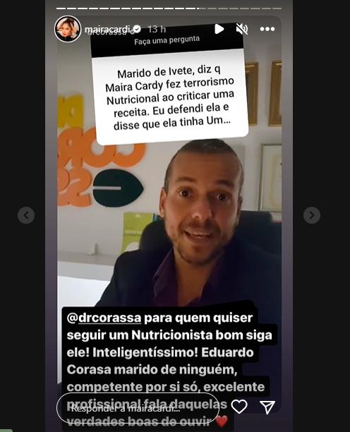 Maíra Cardy alfineta marido de Ivete Sangalo nos stories do Instagram