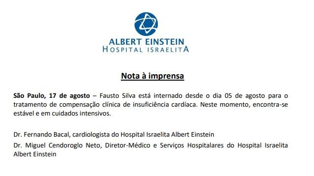 Nota enviada pelo Hospital Albert Einstein.